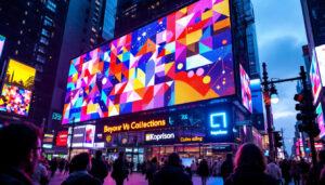 A photograph of a vibrant led display in an urban setting