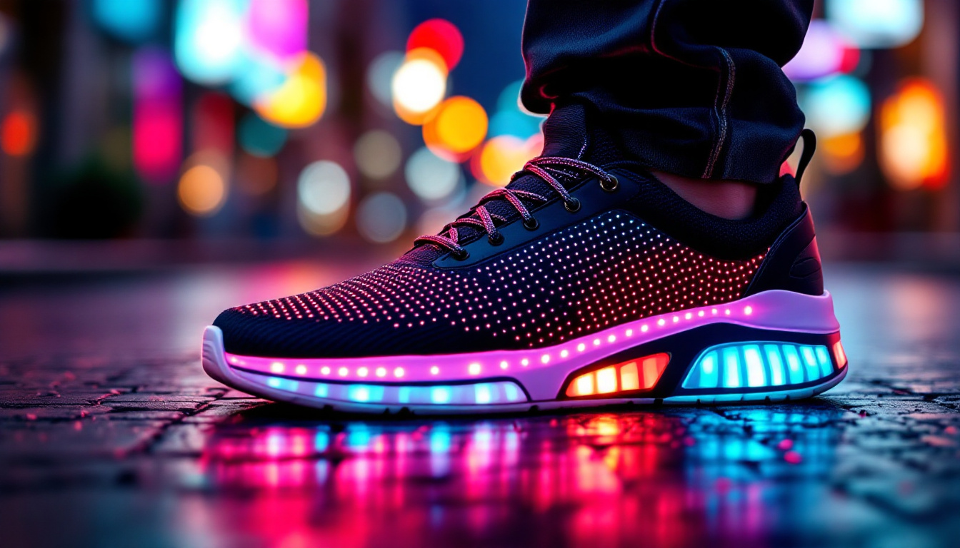 A photograph of a close-up shot of a foot wearing a stylish shoe with an led display
