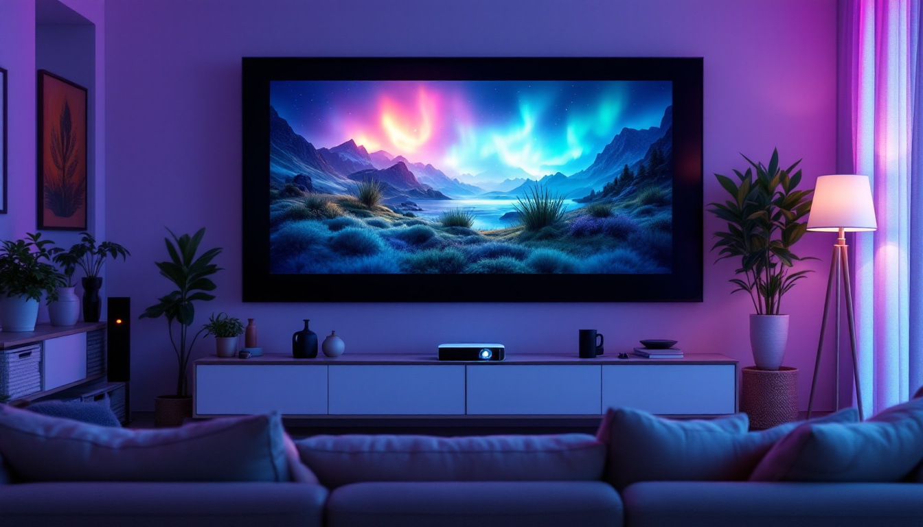 A photograph of a modern led projector set up in a cozy home theater environment