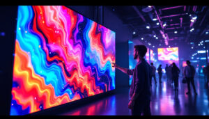 A photograph of a vibrant led display in a dynamic setting