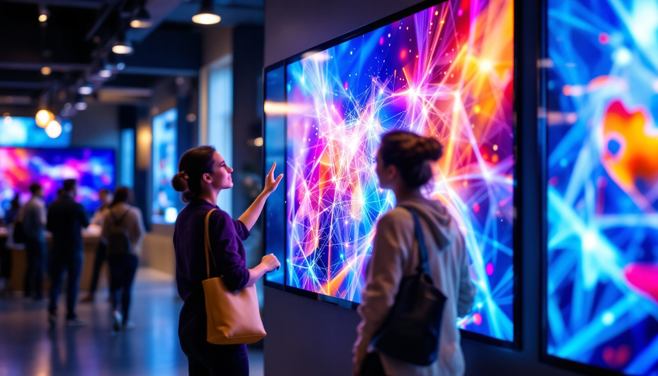 A photograph of a vibrant touch screen digital signage display in an engaging environment