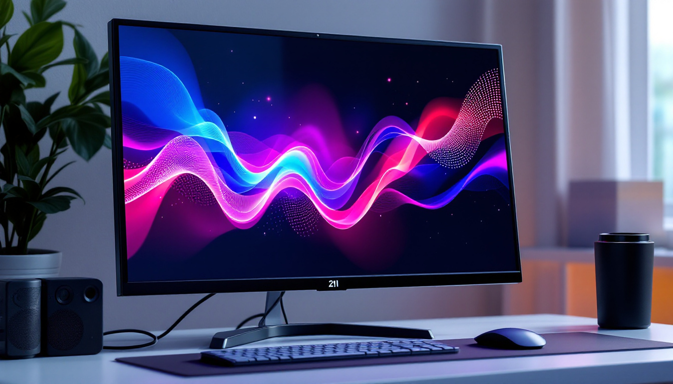 A photograph of capture a photograph of a sleek 21-inch led monitor displaying vibrant colors and graphics