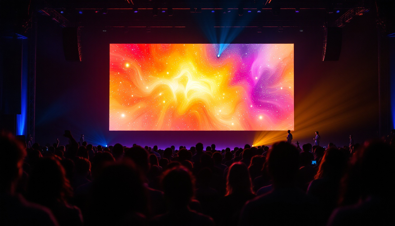 A photograph of a vibrant led projection screen in action during an event