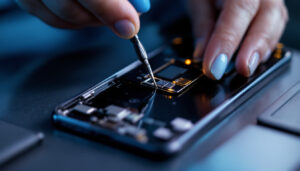A photograph of a close-up shot of a pixel 7 smartphone being carefully disassembled by a technician