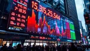 A photograph of a vibrant stock ticker led display in an urban setting