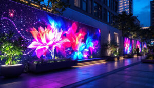 A photograph of capture a photograph of a vibrant outdoor led display integrated into a privacy wall