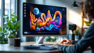 A photograph of a sleek 4k touchscreen monitor displaying vibrant