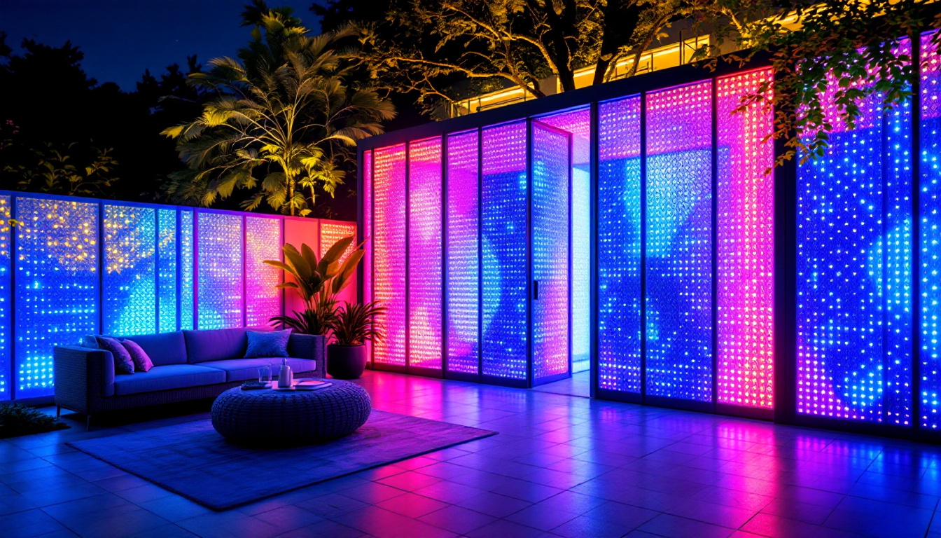 A photograph of capture a photograph of a modern outdoor space featuring lattice privacy panels integrated with vibrant led displays