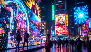 A photograph of a vibrant led display in an urban setting
