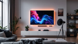 A photograph of a stylishly arranged wall hanging kit featuring an led display in a modern living space