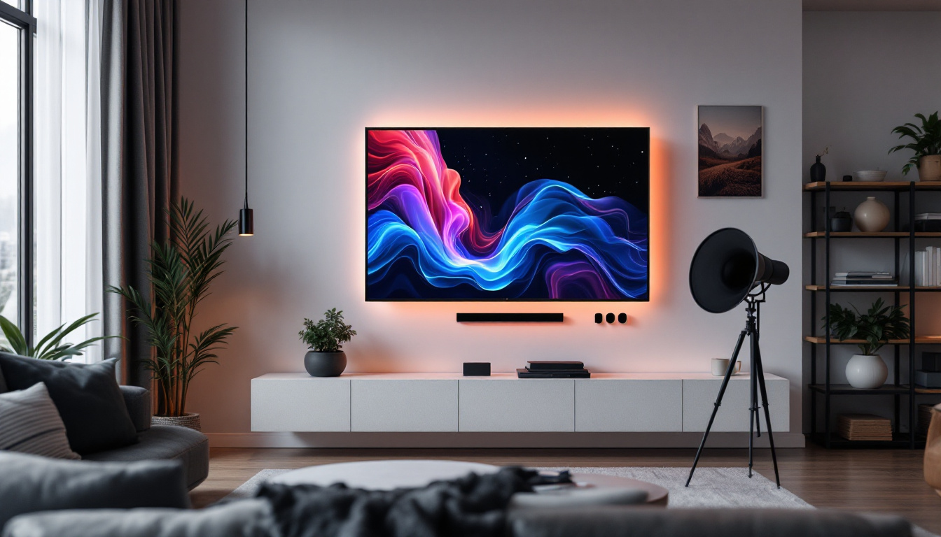 A photograph of a stylishly arranged wall hanging kit featuring an led display in a modern living space