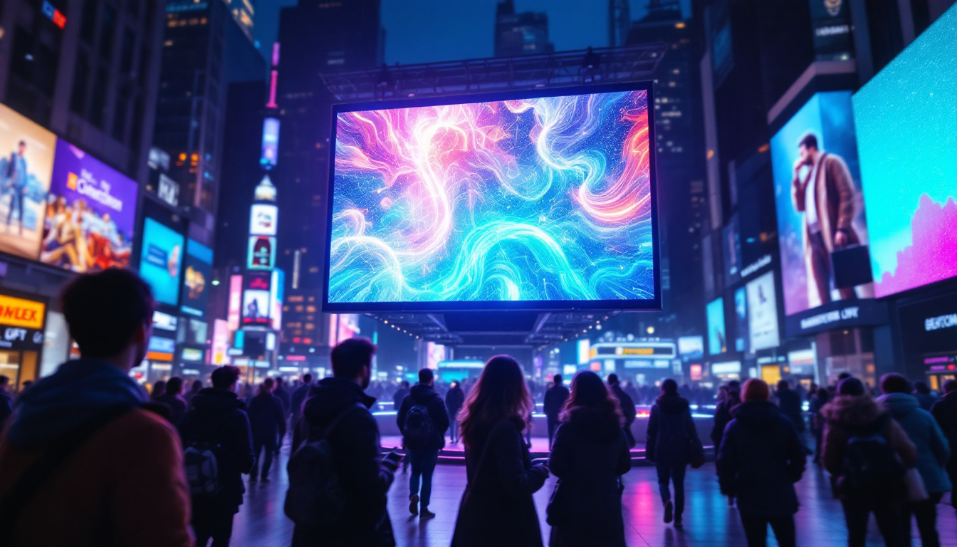 A photograph of a vibrant led display in a bustling urban environment