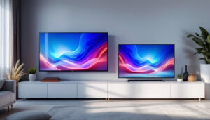 A photograph of a side-by-side comparison of a 75-inch and a 65-inch led tv in a living room setting