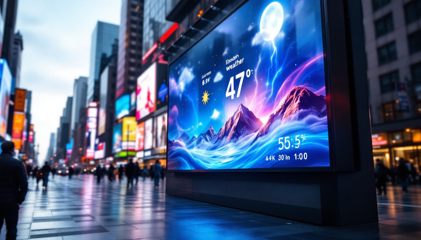 A photograph of a vibrant led display in a bustling urban setting