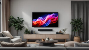 A photograph of a stylish living room featuring a mounted led tv on the wall