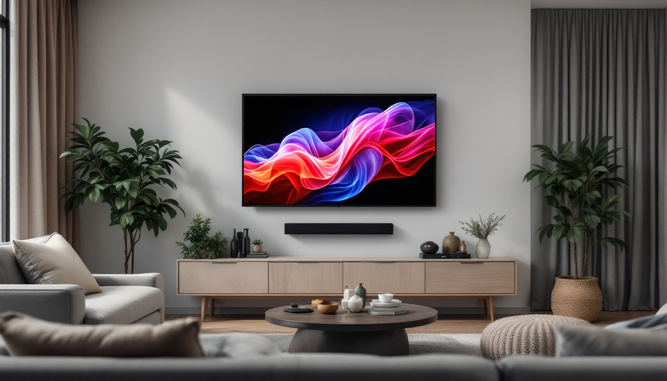 A photograph of a stylish living room featuring a mounted led tv on the wall