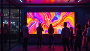 A photograph of a vibrant indoor setting featuring a modern led display in use