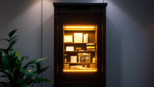A photograph of a ups post office box with a vibrant led display illuminated
