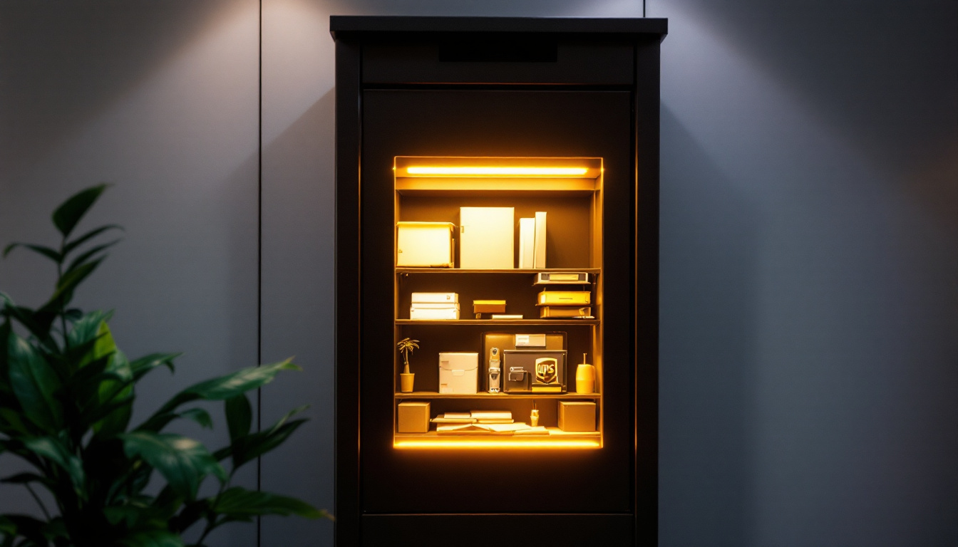 A photograph of a ups post office box with a vibrant led display illuminated