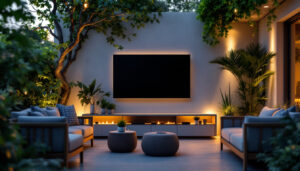 A photograph of a vibrant outdoor setting featuring a modern led tv mounted in an inviting patio area