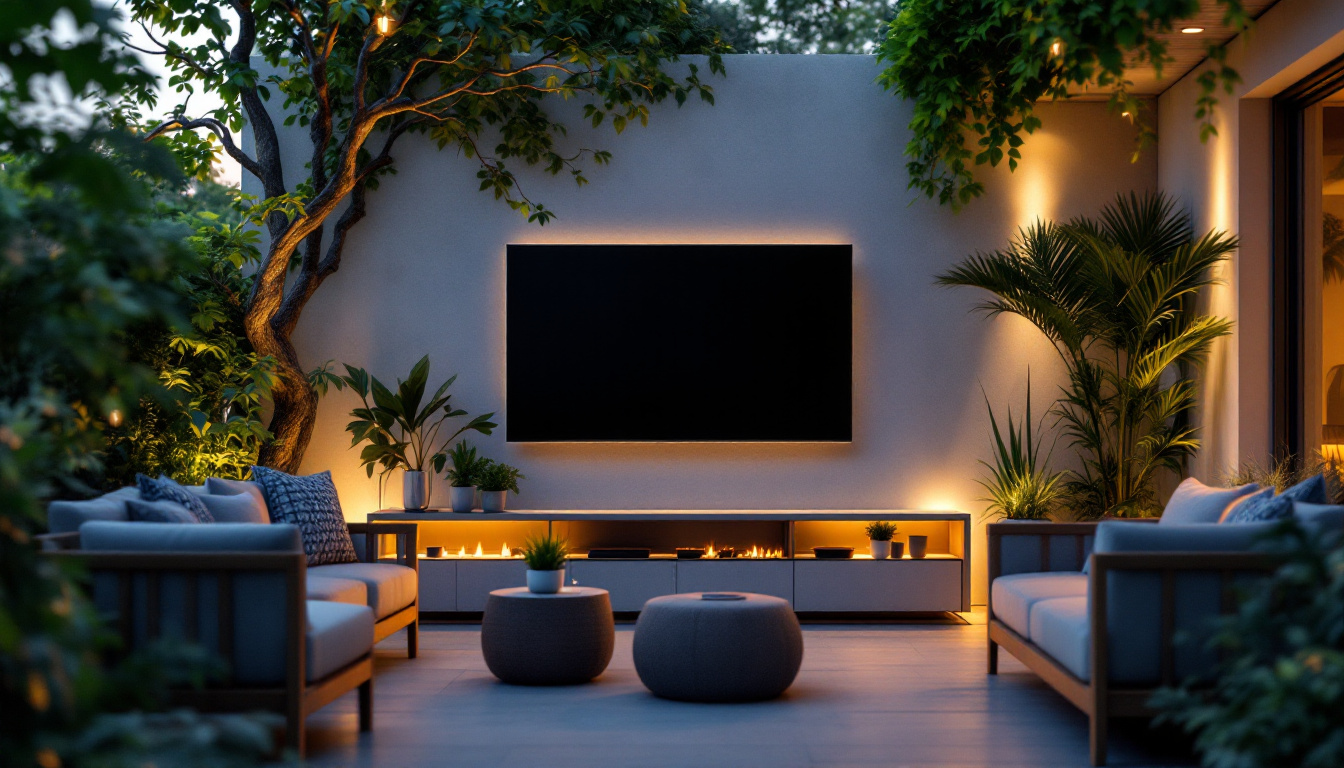 A photograph of a vibrant outdoor setting featuring a modern led tv mounted in an inviting patio area
