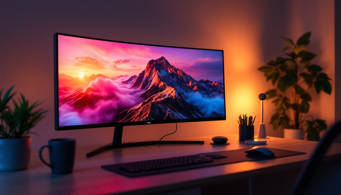 A photograph of a modern workspace featuring a sleek 32:9 led display in use