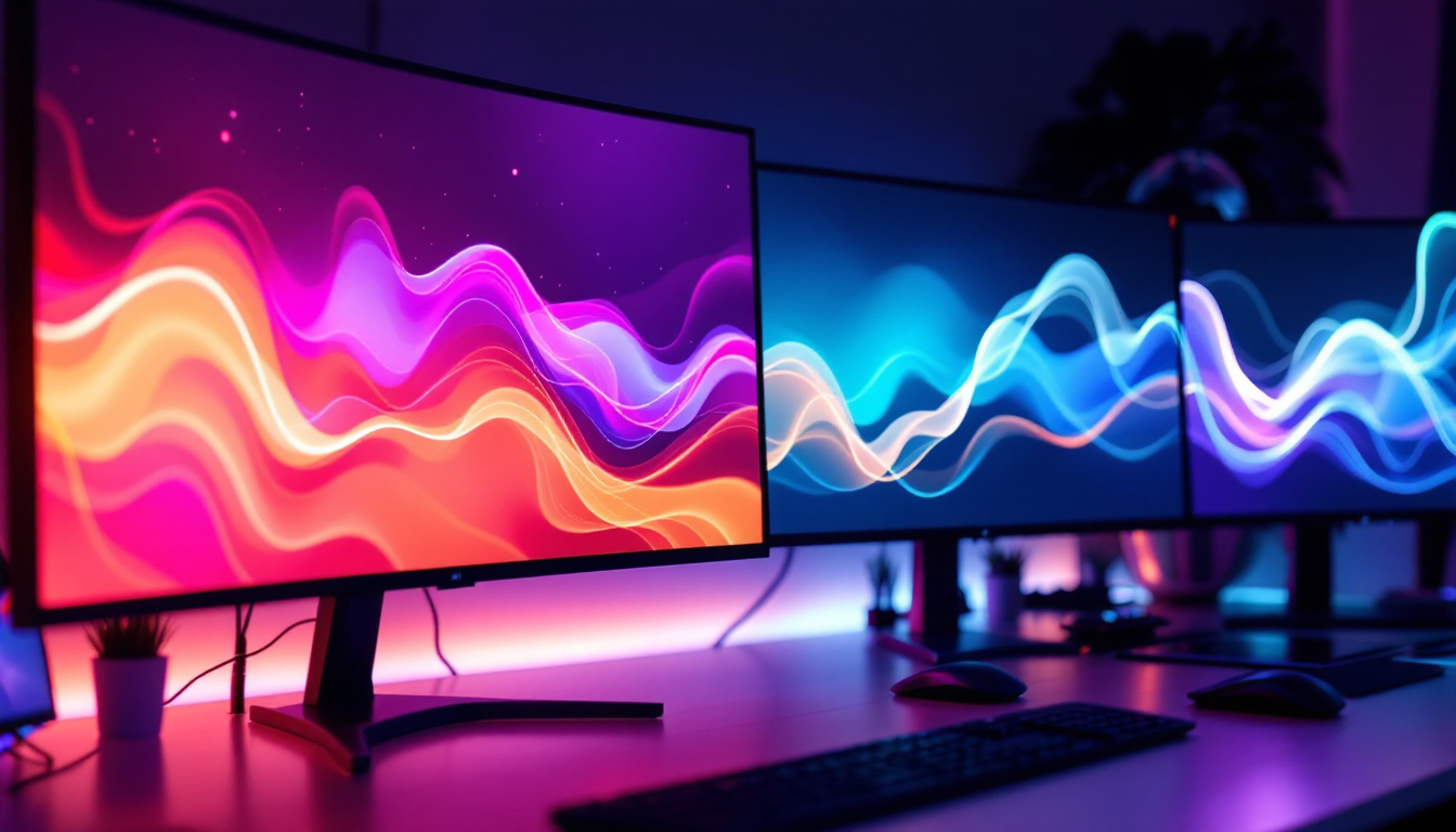 A photograph of a sleek workspace featuring four led monitors arranged in a visually appealing setup