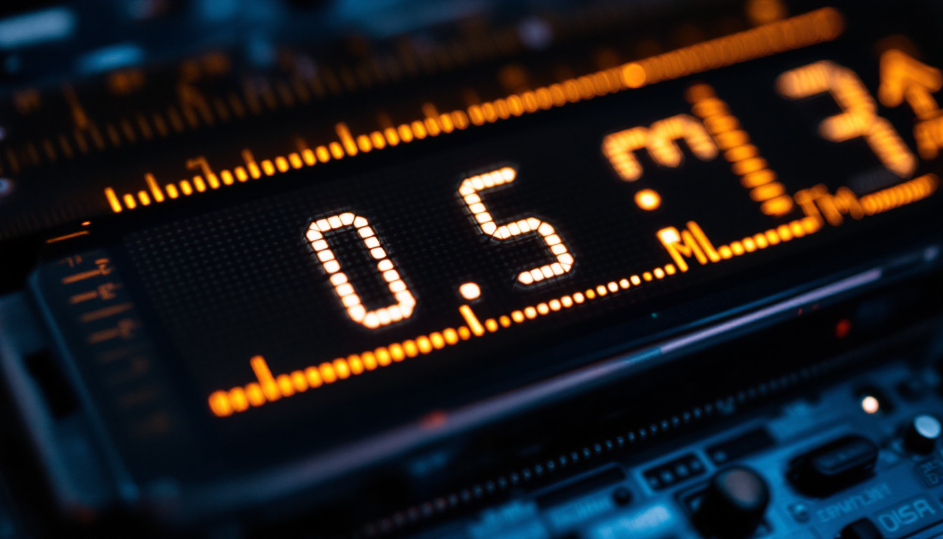 A photograph of a close-up shot of a digital led display showing a measurement conversion from 0.6 inches to millimeters