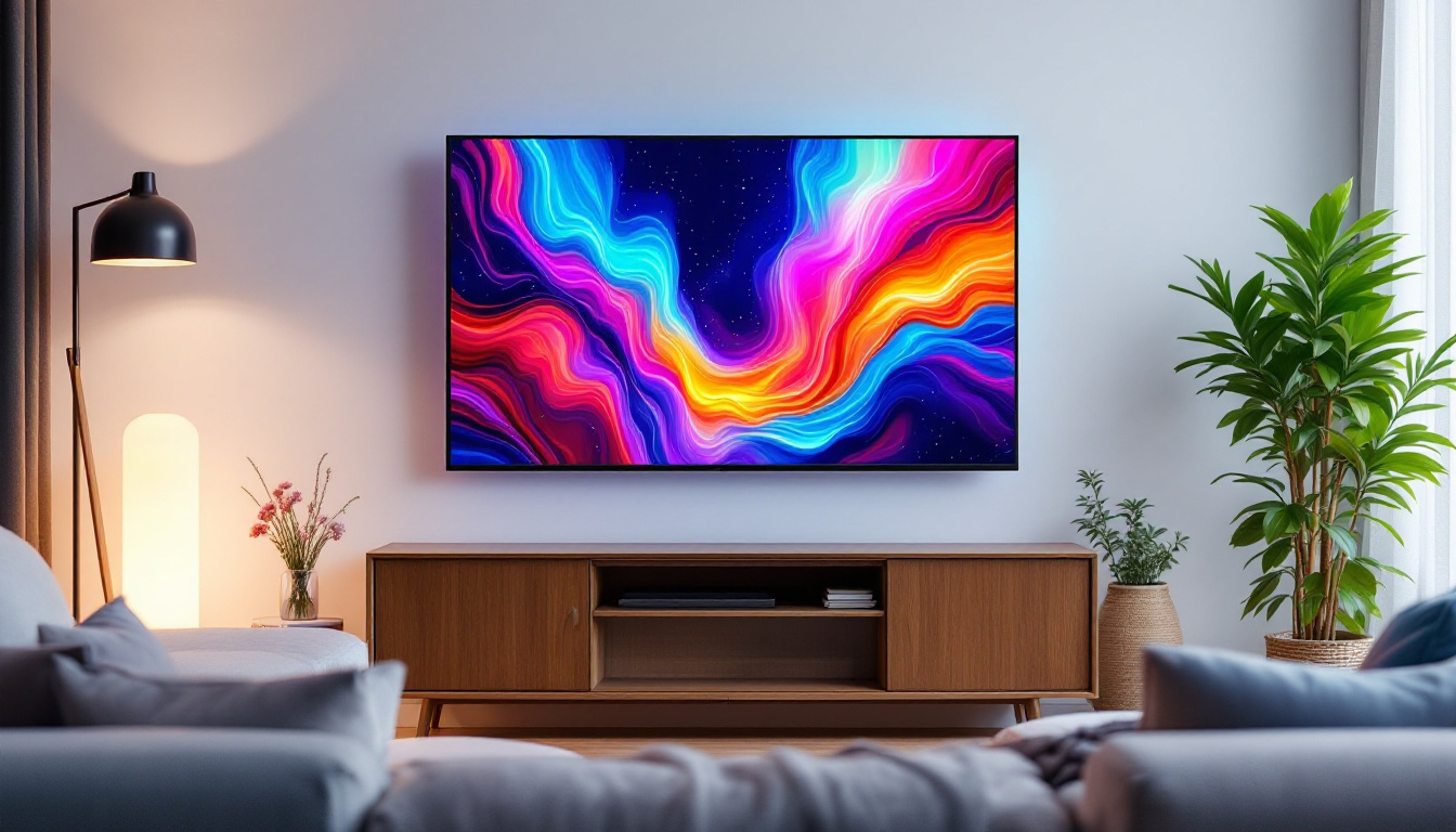 A photograph of a modern living room featuring a sleek led tv displaying vibrant colors