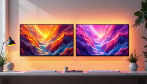 A photograph of a side-by-side comparison of an led display and an lcd display in a well-lit environment