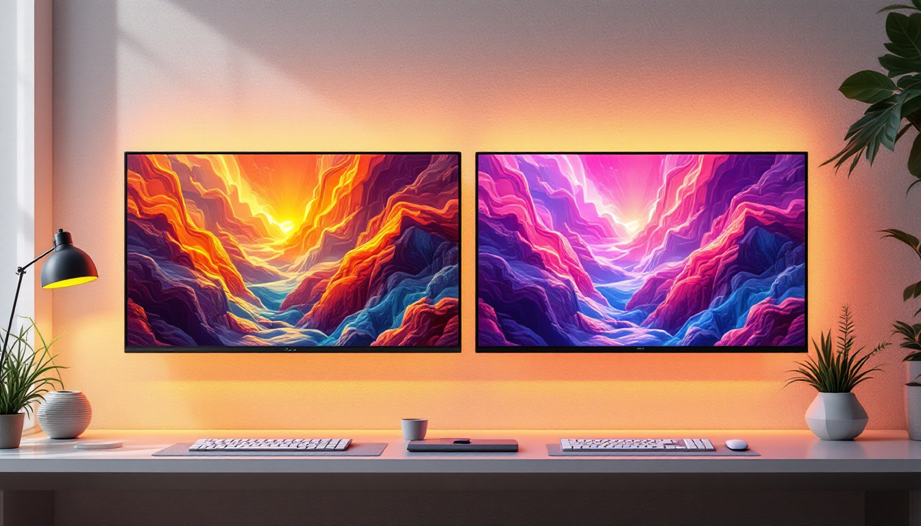 A photograph of a side-by-side comparison of an led display and an lcd display in a well-lit environment