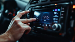 A photograph of a close-up shot of a touch screen radio being installed in a car