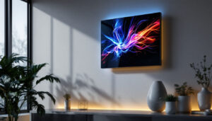 A photograph of capture a photograph of a stylish 42-inch wall clock featuring a vibrant led display