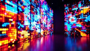 A photograph of a vibrant digital art installation featuring an led display