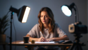A photograph of a portable led video light in action