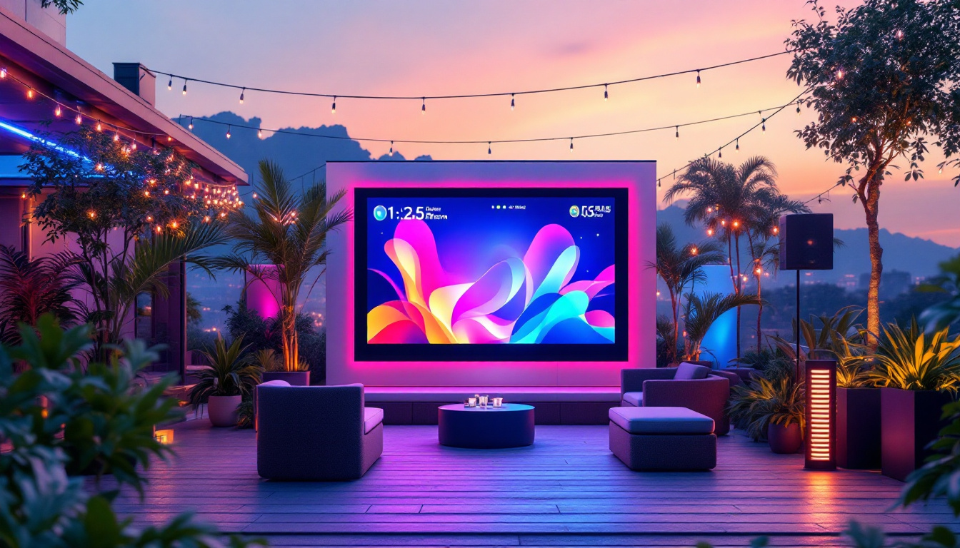 A photograph of a vibrant outdoor setting featuring a privacy screen with an led display