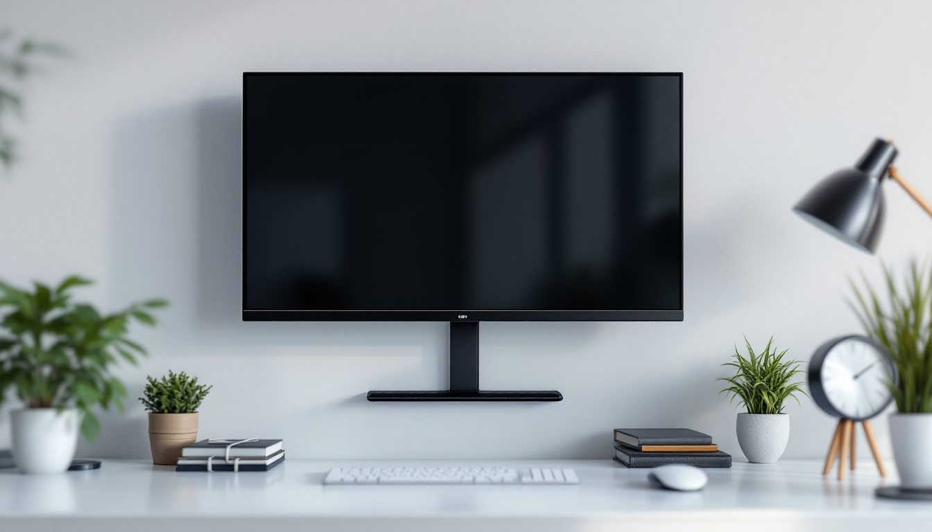 A photograph of a sleek wall-mounted led computer monitor in a modern workspace setting