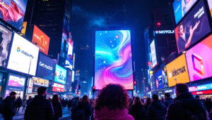 A photograph of a vibrant led display in a bustling urban environment