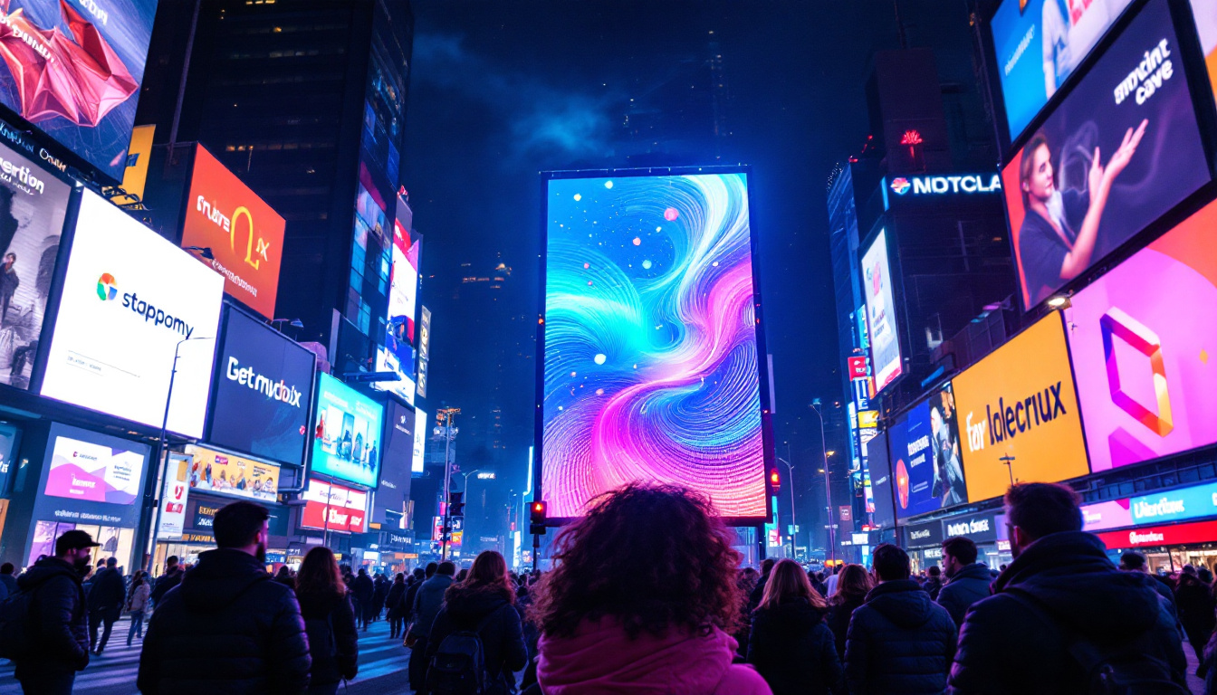 A photograph of a vibrant led display in a bustling urban environment