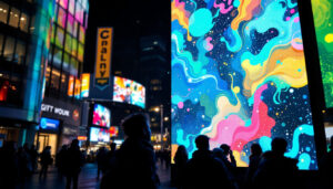 A photograph of capture a photograph of a vibrant vertical led display in an urban setting