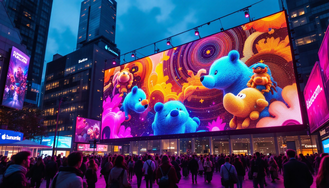 A photograph of a large outdoor led screen displaying vibrant visuals in an engaging public setting