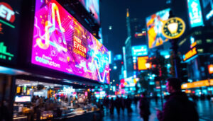 A photograph of a vibrant led display in a bustling urban setting at night