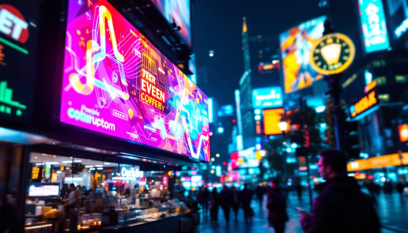 A photograph of a vibrant led display in a bustling urban setting at night