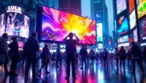 A photograph of a vibrant led display in a bustling urban environment