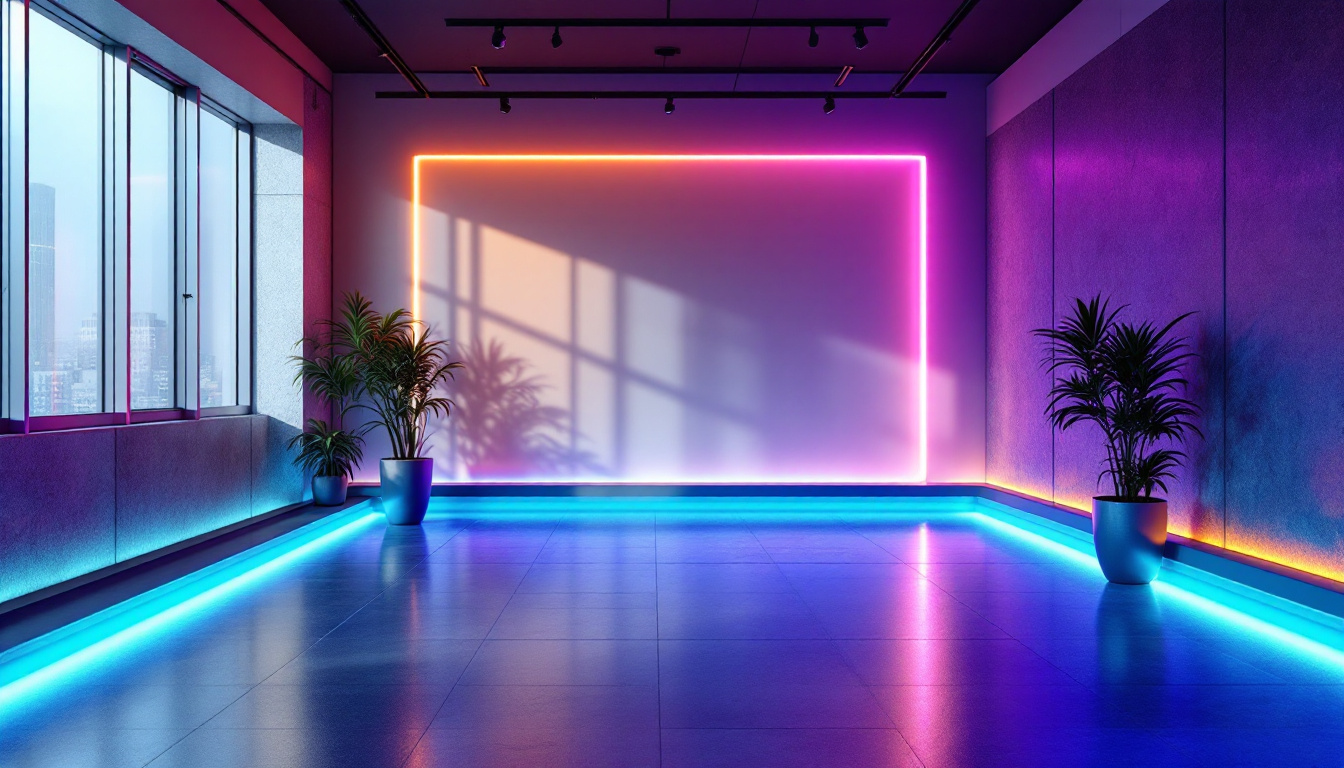 A photograph of a modern interior space showcasing a vibrant led display integrated into a wall floor border
