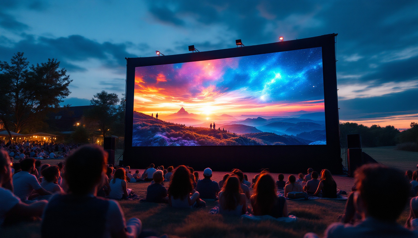 A photograph of a large portable led movie screen set up outdoors