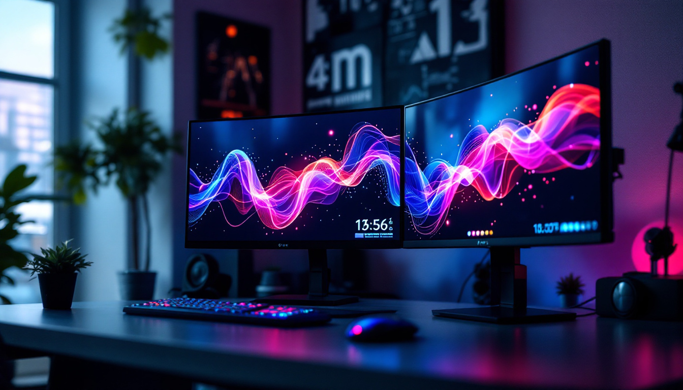 A photograph of a sleek dual monitor setup showcasing vibrant led displays