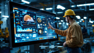 A photograph of a sleek industrial touch screen computer with an led display in a modern factory setting