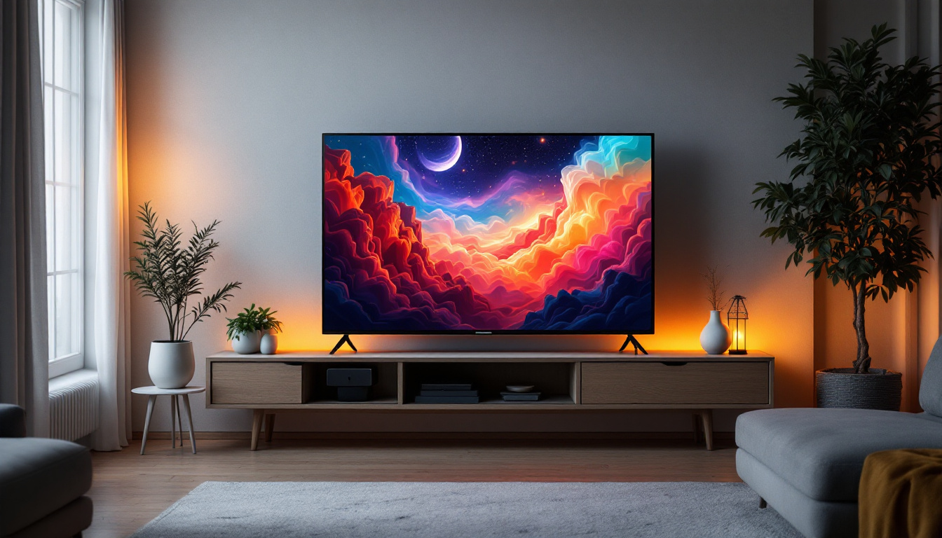 A photograph of a sleek pixel tv displaying vibrant