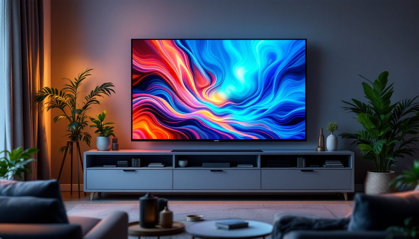 A photograph of a modern entertainment center featuring a sleek led display in a cozy living room setting